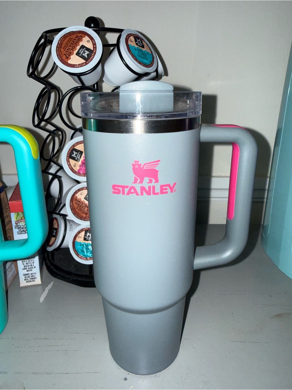 Stanley Light Gray Travel Mug with Pink Logo and Handle Accent